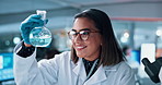 Scientist, woman and face with chemical testing for chemistry, smile and medical research. Biotech portrait, laboratory and analysis with liquid inspection for pharmaceutical or pathology experiment