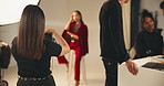 Photography, studio and woman model for filming photoshoot, backstage production and art. Media, people and camera equipment for creative project in workplace, capture image and process with lens