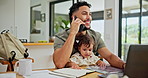 Remote work from home, phone call and father with baby, multitasking and conversation. Family, happy parent and dad with kid, child or cellphone with discussion, workflow and talking with technology