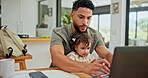 Remote work from home, baby and father with laptop, internet and typing in living room. Apartment, family and parent with kid on lap, computer and network with multitasking, email and technology