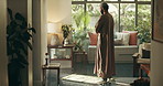 Home, prayer and Muslim man in morning for religion, worship and praise to Allah in living room. Religious faith, fasting and Islamic person on mat for Ramadan Kareem, salaah and praying for peace