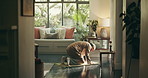 Muslim, bow and man with praying on mat in home for spiritual meditation, religious worship and islamic faith. Ramadan, person and salah in lounge for fasting tradition, prostate and praise to Allah