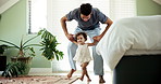 Home, first steps and father with baby, help and bonding together with child development. Apartment, family or learning with toddler, kid or celebration with growth, smile and motor skills in bedroom