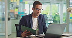 Tablet, laptop and businessman in office reading online stock market for company trading investment. Technology, glasses and financial manager checking finance report for profit and revenue margin.