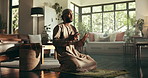 Fasting, prayer and Muslim man in home for religion, worship and praise to Allah in living room. Religious faith, spiritual and Islamic person on mat for Ramadan Kareem, salaah and praying for peace