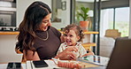 Remote work, baby and mama with laptop, smile and typing with happiness in living room. House, family and parent with kid on lap, computer and network with multitasking, email and technology with mom