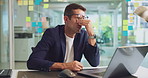 Glasses, headache and businessman in office with eye strain, brain fog or vertigo in morning. Laptop, fatigue and creative magazine editor with stress tension migraine for deadline with exhaustion.
