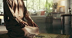 Fasting, praying and hands of Muslim person in home for blessing, worship and praise to Allah. Religious faith, spiritual and Islamic religion on mat for Ramadan Kareem, closeup and hope for peace