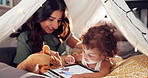 Home, mother and baby with fun, tablet and bonding together with toy, relax and love. Family, apartment and tent with parent, mama and daughter with tech, online game and digital app with internet