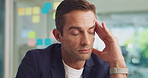 Exhausted, headache and businessman in office with eye strain, brain fog or vertigo in morning. Tired, fatigue and creative magazine editor with stress tension migraine for deadline in workplace.