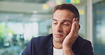 Stress, headache and tired business man with fatigue, burnout and massage temples in corporate office. Migraine, sick and employee with pain, overworked and bored with work pressure or brain fog