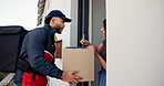 Courier, woman and sign for delivery by front door with box, sale and shipping for e commerce at house. People, man and client with paperwork, invoice and product with package, box and distribution