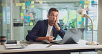 Laptop, thinking and tired with business man at desk in office for exhaustion or fatigue. Bored, computer and depression with unhappy person in workplace for compliance, management or research