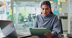 Tablet, reading and business woman research, planning or working on sales review in office. Scroll, serious and employee with digital technology for financial investment, networking or check schedule