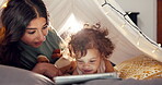 Tent, child and happy mother with tablet in home for internet scroll, educational app and playing online games. Love, woman and bonding with baby in blanket fort for connection, development and relax