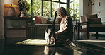 Peace, prayer and muslim woman in home for religion, worship or praise to Allah with cat. Pet animal, spiritual gratitude or Islamic person on mat for Ramadan Kareem, faith or praying for blessings