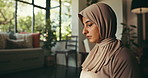 Faith, prayer and Muslim woman in home for worship, religion and praise to Allah in living room. Religious belief, fasting and Islamic person on mat for Ramadan Kareem, salaah and praying for peace