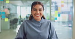 Happy woman, face and laptop with schedule for planning, creative brainstorming or agenda at office desk. Portrait, female person or planner with smile on computer for project ideas or web design