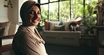 Face, prayer and muslim woman in home for religion, worship or praise to Allah with smile. Happy, spiritual gratitude and Islamic person on mat for Ramadan Kareem, faith and praying for blessings