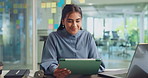 Tablet, reading and happy business woman scroll, planning or working on sales review in office. Research, laptop and employee with technology for financial investment, networking and check schedule
