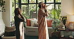 Fasting, praying and Muslim couple in home for religion, worship and praise to Allah in living room. Religious, spiritual and Islamic man and woman for Ramadan Kareem, salaah and prayer for peace