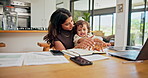 Remote work from home, baby and mama with laptop, internet and technology in living room. Toys, family and parent with kid on lap, computer and network with multitasking, playing and happiness