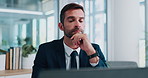 Vision, thinking and business man on laptop for investment banking, problem solving and reflection. Idea, planning and corporate worker with financial decision, happy mindset and insight in office