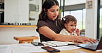 Remote work from home, baby and mother with laptop, internet and technology in living room. Apartment, family and parent with kid on lap, computer and network with multitasking, email and deadline