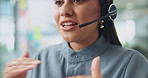 Office, businesswoman and talking with mic for call center, consulting and telemarketing for sales. Career, female person and consultant with headset for customer service, crm help and communication