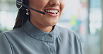 Mouth, businesswoman and talking with mic for call center, consulting and telemarketing for sales. Closeup, female person and consultant with headset for customer service, research and help in office