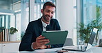 Office, businessman and accountant with tablet for report, financial investment and information. Career, happy person and auditor with digital for finance research, review revenue and laptop for tax