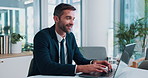 Office, businessman and accountant with laptop for typing, financial investment and information. Career, happy person and auditor with digital for finance research, review revenue and report for tax