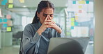Burnout, laptop and stress with business woman in office for deadline or problem solving. Anxiety, computer and headache with unhappy employee in creative workplace for project management solution