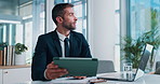 Vision, thinking and business man on tablet for investment banking, problem solving and reflection. Idea, technology and corporate worker with financial decision, happy mindset and insight in office