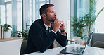 Solution, thinking and business man on laptop for investment banking, problem solving and reflection. Idea, planning and serious corporate worker with financial decision, mindset or insight in office