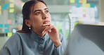Happy, laptop and thinking with business woman in office for inspiration or problem solving. Computer, future and ideas with smile of employee in creative workplace for development or solution