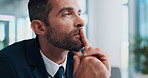 Vision, thinking and business man planning for investment banking, problem solving and reflection. Idea, solution and corporate worker with financial decision, serious mindset and challenge in office