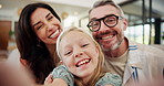 Happy family, face and home with selfie for picture, memory or photography together at house. Portrait, mom and dad with daughter, child or smile for capture, bonding or enjoying holiday weekend