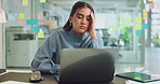 Bored, frustration and laptop with business woman in office for deadline or problem solving. Burnout, computer and depression with moody employee in creative workplace for project management solution