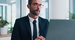 Business, serious and man with laptop, suit and employee with glasses in corporate company or digital. Planning, trader and person with tech for research, market trends and online for investment