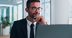 Vision, idea and business man on laptop for investment banking, problem solving and reading email. Thinking, planning and corporate worker with financial decision, happy mindset and insight in office