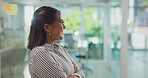 Happy, business woman and confidence with glass board for schedule plan, brainstorming or vision at office. Female person, employee or creative designer with ambition or dream for tasks or agenda