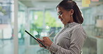 Business woman, writing and schedule with tablet for creative planning, agenda or tasks at office. Female person, designer or planner with technology or pen for notes, reminder or ideas at workplace