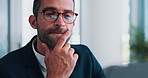 Solution, idea and business man on laptop for investment banking, inspiration and reflection. Thinking, planning and happy corporate worker with financial decision, reading email or insight in office