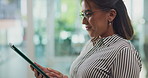 Tablet, thinking and business woman research, planning and scroll for reading email in office. Idea, technology and happy employee with vision for finance, investment and insight for problem solving