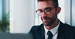 Research, online and man with laptop, office and browsing for interest rates with tech or accountant. Business, bookkeeper and person with info for financial report, corporate and smile for website