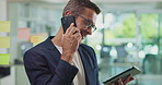 Business man, phone call and tablet in office for profit update, news or communication. Mobile, technology and happy financial consultant talk to contact for asset management, invest or budget advice