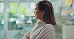 Business woman, thinking and confidence with glass board for schedule plan, brainstorming or vision at office. Female person, employee or creative designer with ambition or dream for tasks or agenda