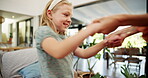 Dance, energy and support with family in living room for bonding, love and care. Happiness, teaching and trust with mother and children in lounge of home for holding hands, music and smile together