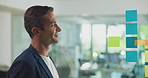 Happy, businessman or thinking with glass board for schedule planning, brainstorming or vision at office. Man, employee or creative designer with ambition, dream or thought for tasks, agenda or ideas